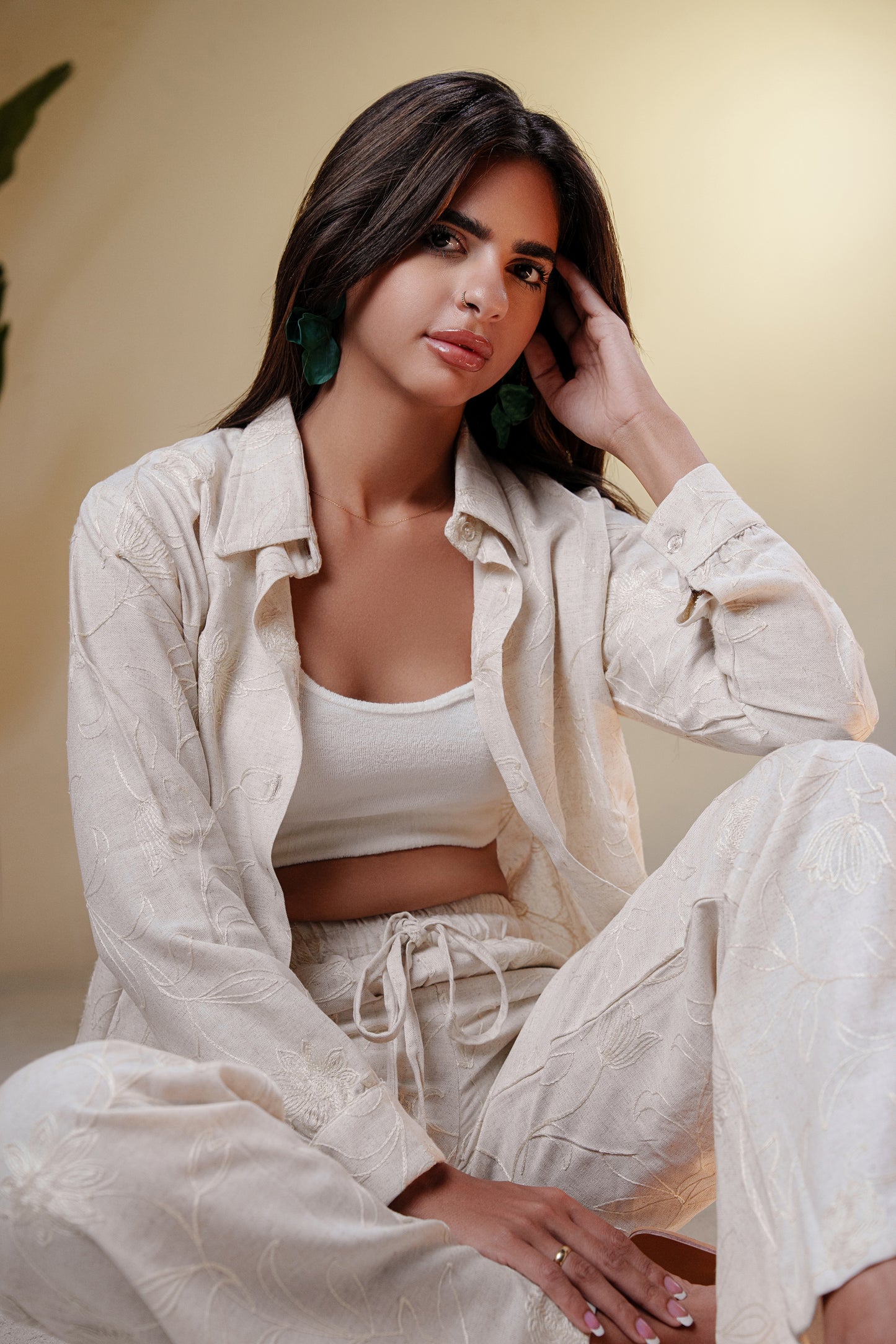 Floral embroidery linen Pants